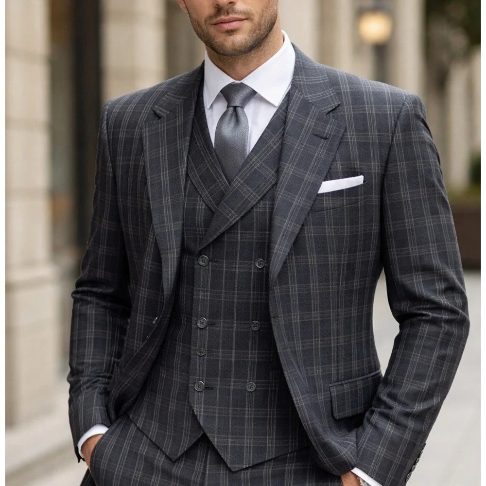 Falcone Plaid Suit Jacket Mens Charcoal Grey‎ Super 100s Wool 3-Button Blazer L